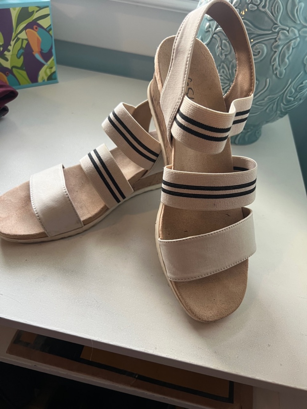 Life Stride Beige Wedge Sandals with Black-Trim Elastic Straps